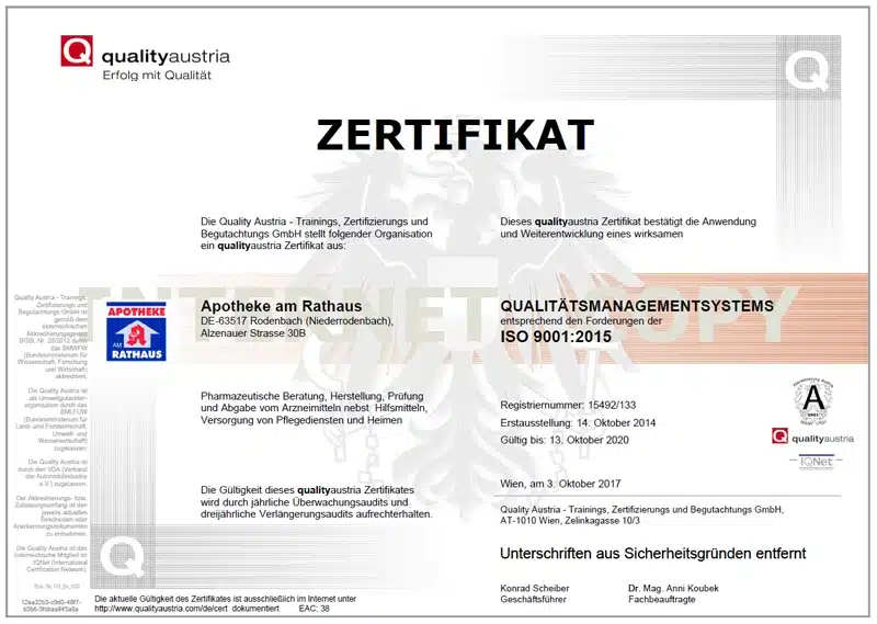 Zertifikat Apotheke Rodenbach